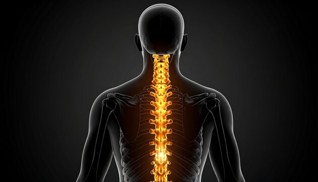 A medical anatomical digital illustration of a human figure viewed from behind, focusing on the upper back and neck region. The spine is highlighted in a glowing golden color, emphasizing the vertebra