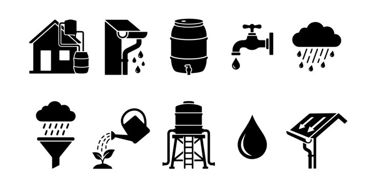 Rainwater harvesting icon set, sustainable water collection system symbols, 10 black vector elements for eco-friendly irrigation and conservation