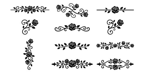 Fototapeta premium Vintage rose floral dividers set, elegant black flower ornaments and decorative scroll borders, 11 botanical vector elements for wedding stationery