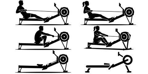 Rowing machine silhouette set, fitness exercise equipment icons, male and female athletes training on indoor rowers, gym workout vector collection © Anika