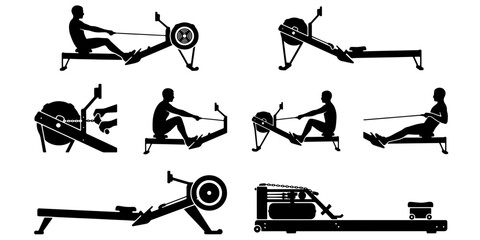 Rowing machine silhouette set, fitness indoor rower equipment icons, athlete training on gym rowing ergometer vector collection © Anika