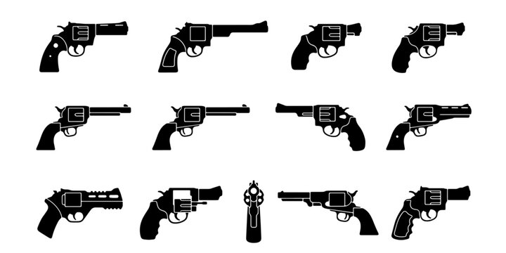 Revolver handgun silhouettes set, 13 black pistol vector icons, classic firearm weapon collection, hand gun side view and front view graphics