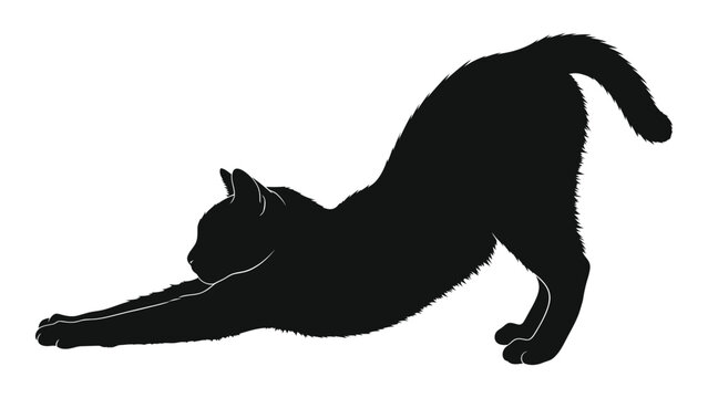A black silhouette of a cat stretching its body into a downward facing pose