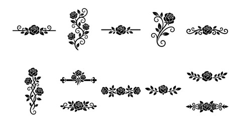 Vintage rose floral dividers and ornamental borders, black silhouette flower vine collection, elegant wedding invitation decorative elements © Anika