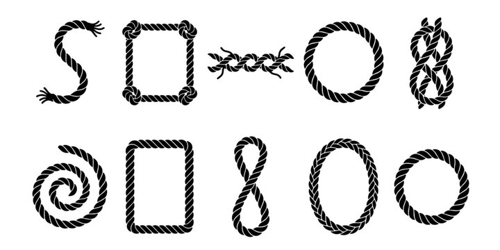 Nautical rope frames and knots collection, 10 black cord vector elements, decorative twisted twine borders and circular lasso shapes for marine design