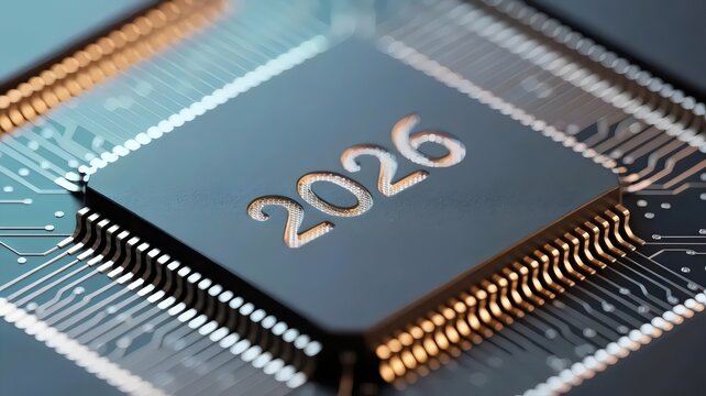 Dark semiconductor with gold 2026 detail in studio light - for electronics campaigns