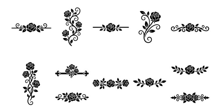 Vintage rose floral dividers and ornamental borders, black silhouette flower vine collection, elegant wedding invitation decorative elements