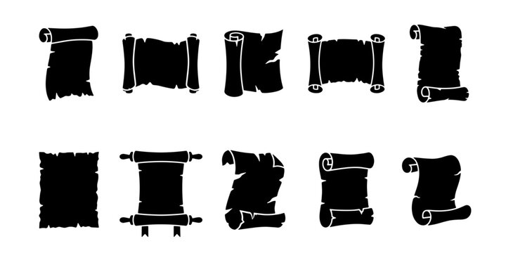 Vintage scroll silhouette set, 10 antique paper parchment icons, black medieval document vector elements for history and fantasy design