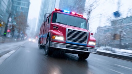 Naklejka premium A firefighter drives a fire truck quickly down a city street in winter weather, responding to an urgent call for help