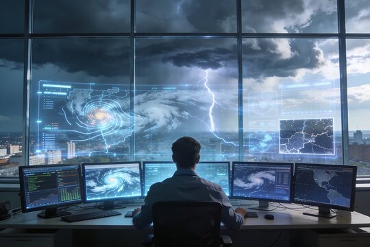 Generative Ai monitors weather patterns and storm activities from a high-tech command center