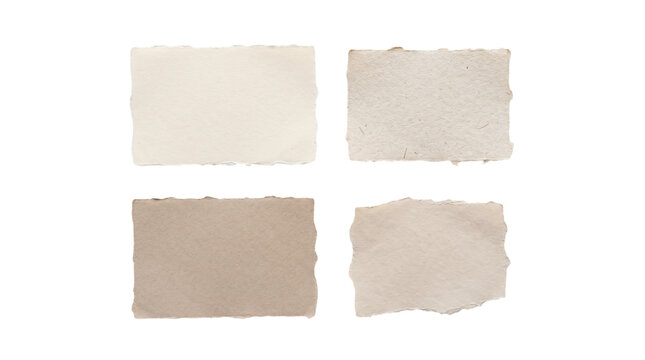 Collection of torn handmade textured cream paper scraps on a transparent background