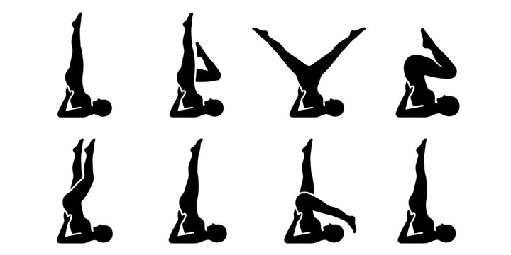 Yoga shoulder stand silhouette set, 8 female yoga poses in inversion positions, black vector icons of woman practicing sarvangasana for fitness apps