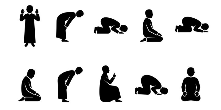 Islamic prayer positions silhouette set, Muslim man performing Salah steps vector, religious worship postures and prostration icons for Ramadan