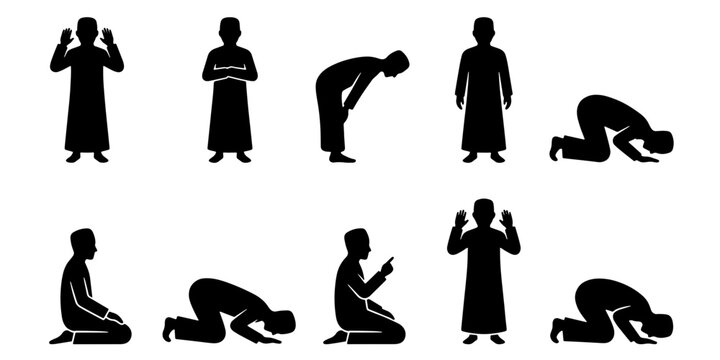 Islamic prayer positions silhouette set, Muslim man performing Salah steps, religious worship postures vector collection for educational infographics