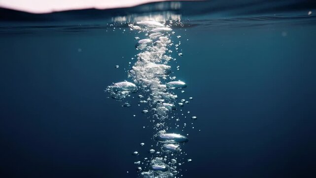 Mesmerizing underwater scene with bubbles rising swiftly through deep clear blue ocean water