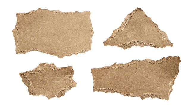 Set of torn brown kraft cardboard scraps with rough deckled edges on a transparent background