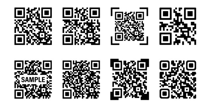 QR code vector set with 8 unique digital scan icons, black and white matrix barcodes for mobile payment and marketing, sample data matrix symbols