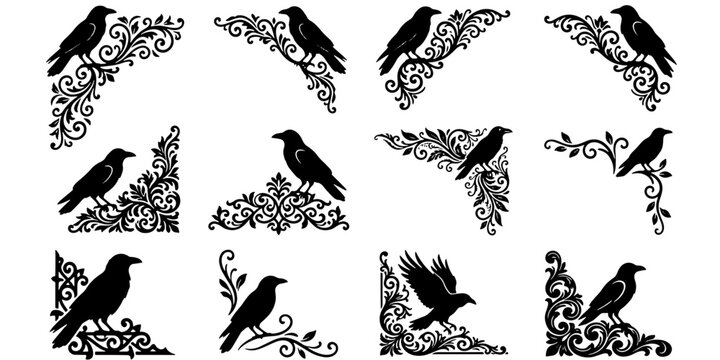 Vintage crow silhouette corner borders, gothic raven bird floral ornaments, set of 12 black decorative filigree vector elements for invitations