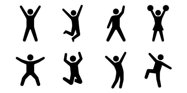 Happy people jumping and celebrating icons, set of 8 black stick figure silhouettes, cheering human pictograms for success and joy