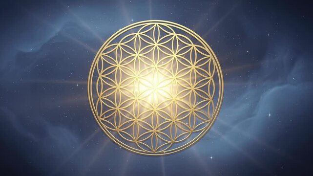 Golden flower of life sacred geometry symbol glowing in cosmic space with stars and nebula background