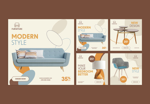 Furniture Sale Social Media Post Layout Set with Orange and Blue Accents