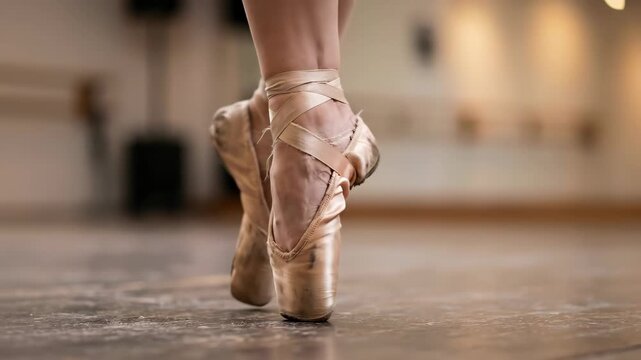 Close up of ballet dancers feet in pointe shoes on studio floor.