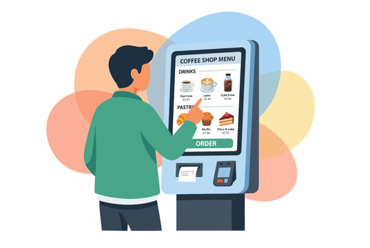 Man Using Self Service Kiosk to Order Coffee and Food