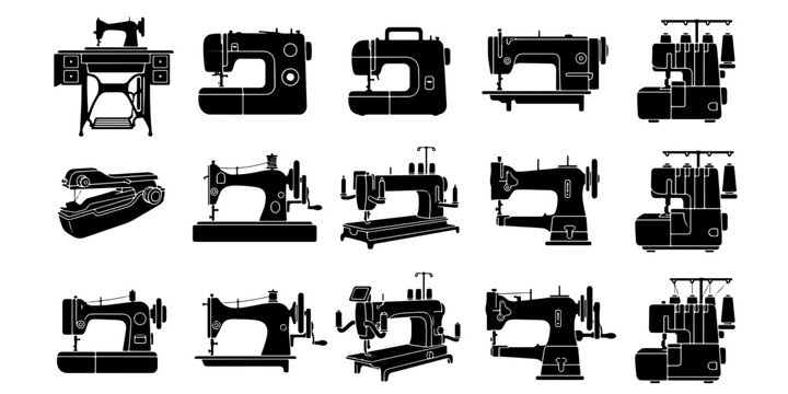 Vintage sewing machine icons set, 15 black silhouette vector elements, antique tailoring equipment and modern overlock machines for dressmaking