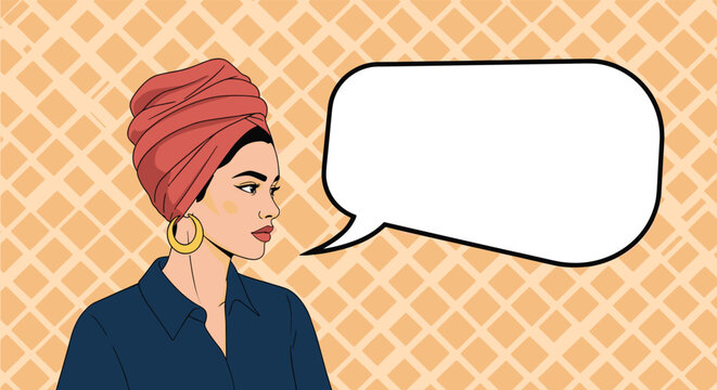 Beautiful woman wearing a vibrant red turban and gold hoop earrings is shown in profile with a blank white speech bubble for text space.