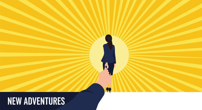 First person perspective of a hand reaching out towards a businesswoman walking into a bright yellow sunburst background for new adventures.