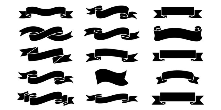 Vintage black ribbon banners set, 15 decorative scroll vector elements, classic hand drawn ribbon silhouettes for labels and headers