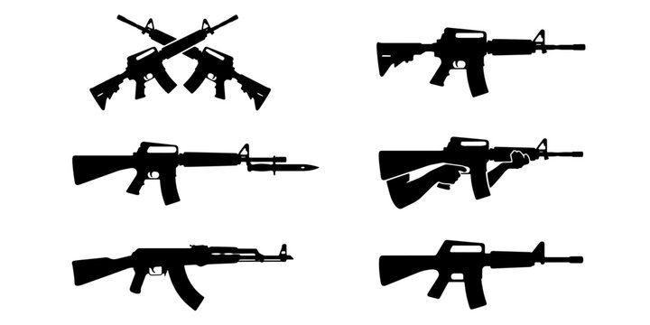 Military assault rifle silhouettes set, collection of 7 firearm vector icons, automatic weapon and carbine symbols for tactical design