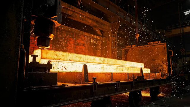 Glowing steel billets being expertly forged in an industrial steel plant with flying sparks