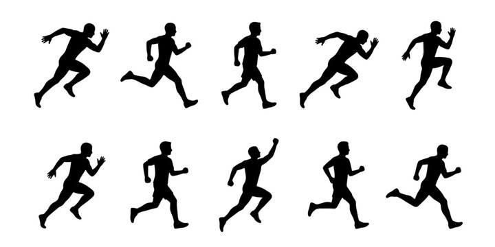 Running man silhouette collection, set of 10 athlete sprinting poses, male runner motion sequence vector, sports and fitness activity icons