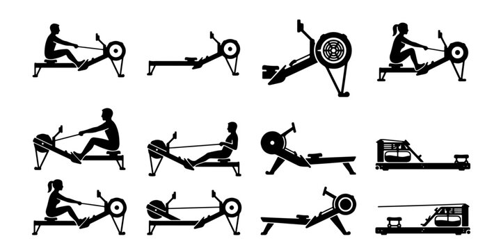Rowing machine silhouette icons set, fitness equipment vector collection, people exercising on indoor rowers, gym workout and cardio training graphics