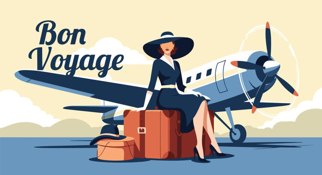 Elegant woman in a vintage dress and hat sits on a brown suitcase in front of a propeller plane with the text bon voyage above.
