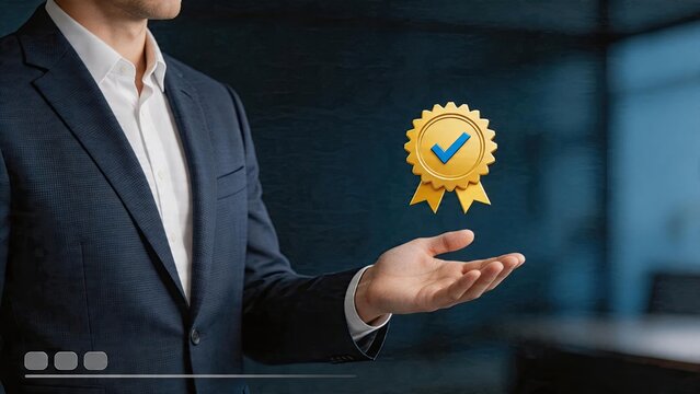 Businessman holding a golden award with blue checkmark symbol of success and achievement certification quality assurance professional excellence corporate recognition performance