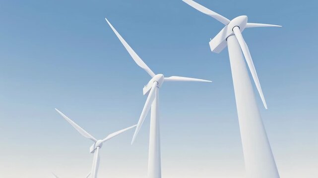 Serene landscape with tall white wind turbines spinning gracefully under clear blue sky