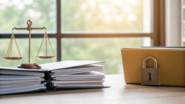 Legal documents stacked on a desk with a balance scale and a locked file folder, symbolizing justice and confidentiality.