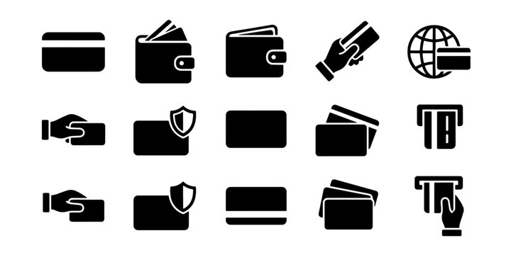 Black credit card icons set, 15 payment and banking vector symbols, minimalist financial wallet and ATM transaction graphics for web design