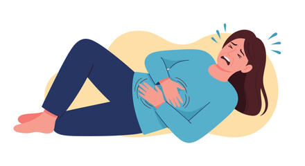 Fototapeta premium Young woman in a blue shirt is lying on the ground and clutching her stomach with a painful expression and tears in her eyes.