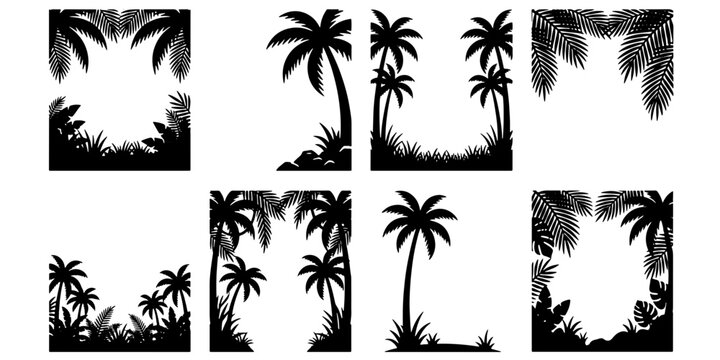 Tropical palm tree silhouettes, black jungle leaf frame set, exotic island plant borders, 8 vector elements for summer beach designs