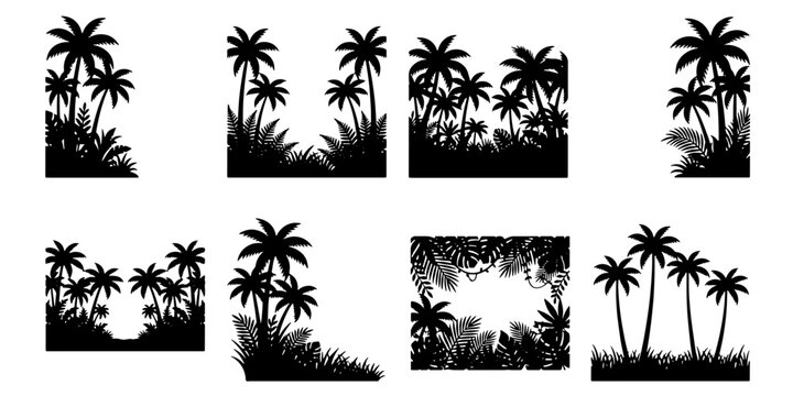 Tropical palm tree silhouette collection, 8 black jungle landscape vector elements, exotic island foliage and coconut tree silhouettes for summer design