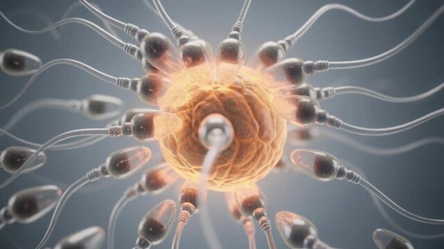 Glowing egg cell surrounded by swimming sperm cells in dynamic microscopic fertilization scene
