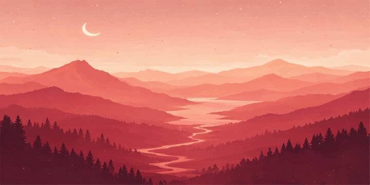 Abstract red mountain landscape background with river valley, layered hills and crescent moon in minimalist scenic style