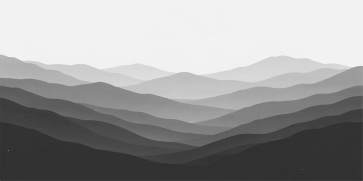 Abstract monochrome mountain landscape background with layered hills and minimal foggy gradient scenery