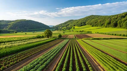 Naklejka premium A lush green valley with neatly planted rows of crops, surrounded by forested hills under a partly cloudy sky.