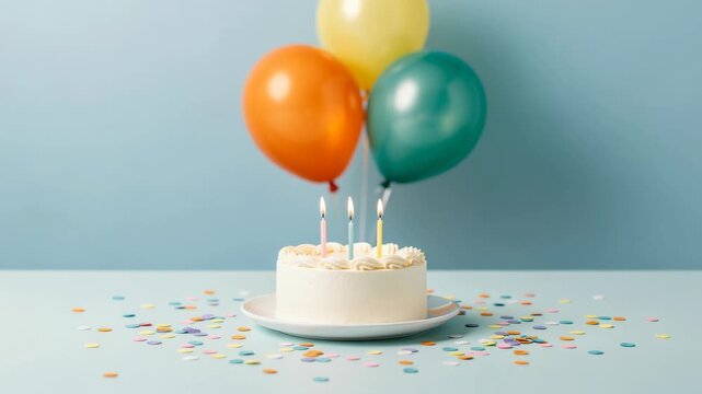 White birthday cake with candles and colorful balloons on pastel background with confetti celebration