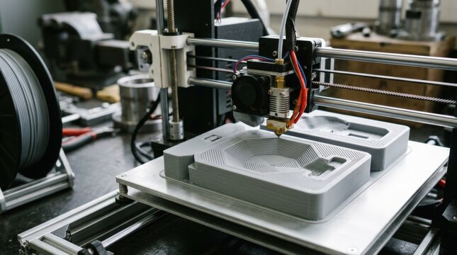 Closeup medium view of polymer mold inserts being created with detailed surface textures through 3D printing emphasizing precision and customization in tooling design.