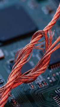 Copper wire knot service concept unsubscribe over circuit board detail macro technology design tension metaphor connectivity problem